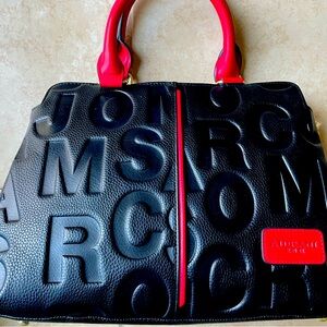 Adriani leather alphabet tote, black with red handles